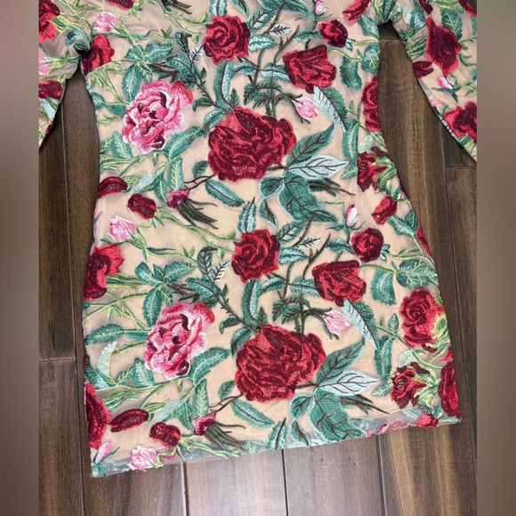 Size M Mock Neck Long Sleeve Mini Dress 3D Flowers Bodycon Tulle Red Pink Green - Picture 6 of 14